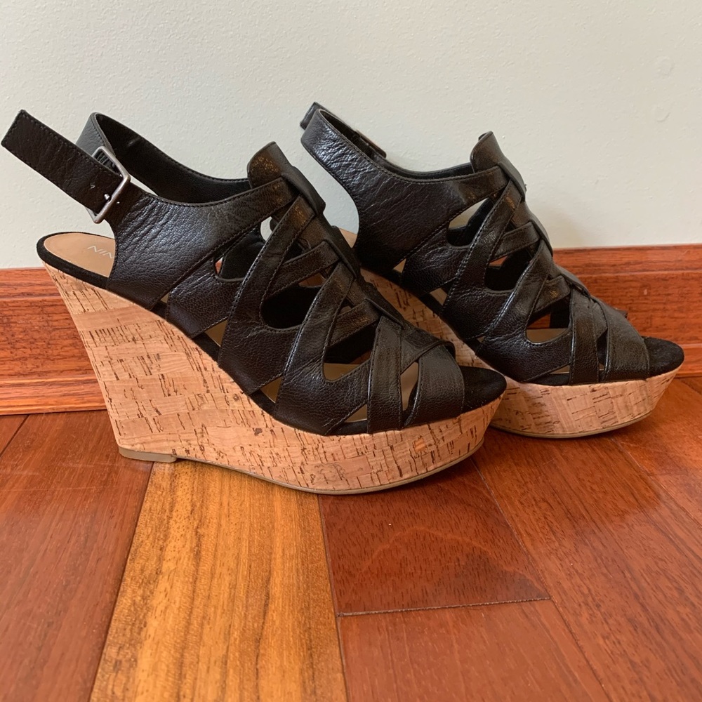 Nine West Black Strappy Cork Wedge Heel
